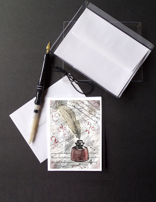  #NOTE-CARDS-RED-INK Calligraphy Note Cards - Red Ink in Inkwell with Feather  Plume