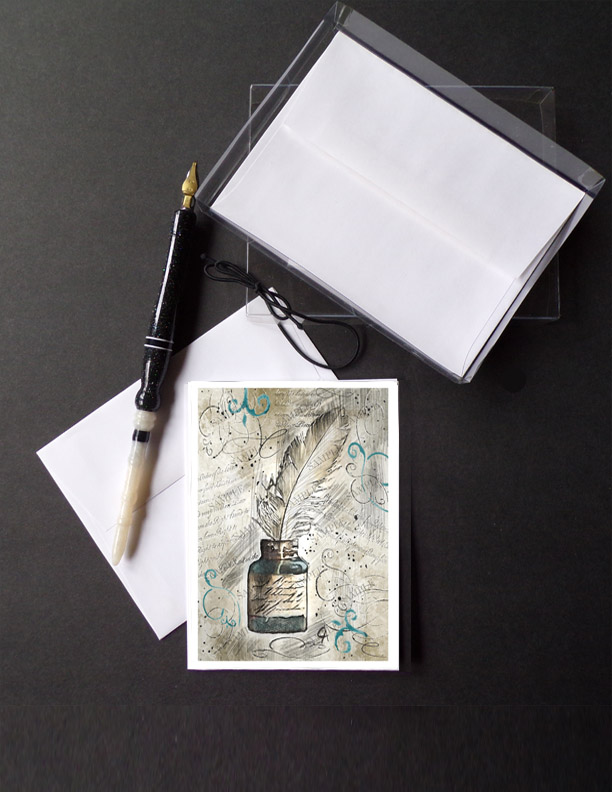  #NOTE-CARDS-TEAL-INK Calligraphy Note Cards - Teal Ink in Inkwell with Feather  Plume